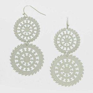 Filigree Earrings Wheel Circle Double Disc Cutout 2.5" Drop Lightweight SILVER